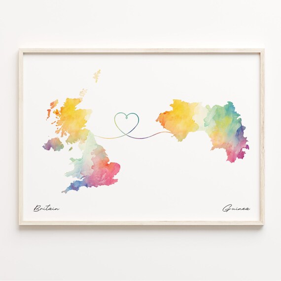 UK to Guinea Watercolor Heart Connection Long Distance Gift Poster