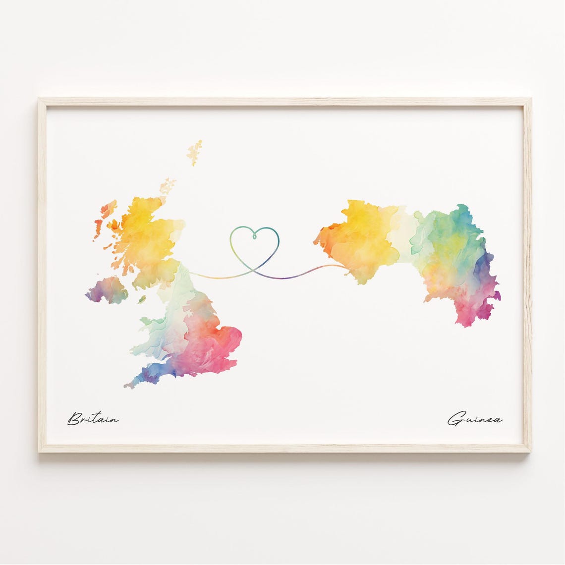 UK to Guinea Watercolor Heart Connection Long Distance Gift Poster