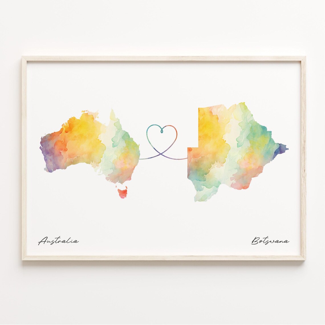 Australia to Botswana Watercolor Map Heart Long Distance Love Poster