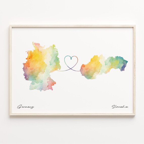 Germany to Slovakia Romantic Watercolor Map Heart Connection Poster