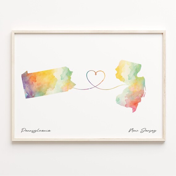 Pennsylvania To New Jersey Watercolor Map Heart Long Distance Love Poster