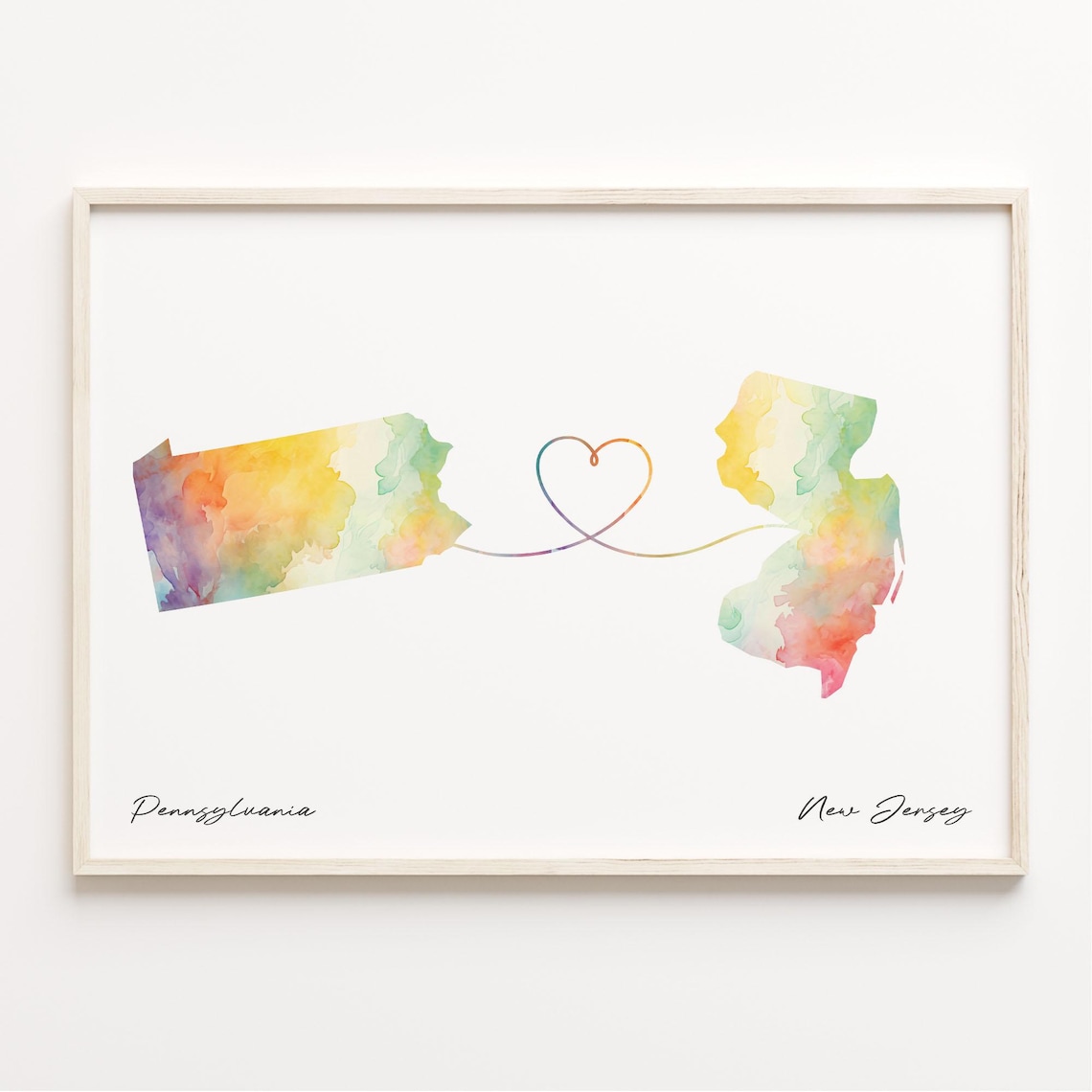 Pennsylvania To New Jersey Watercolor Map Heart Long Distance Love Poster