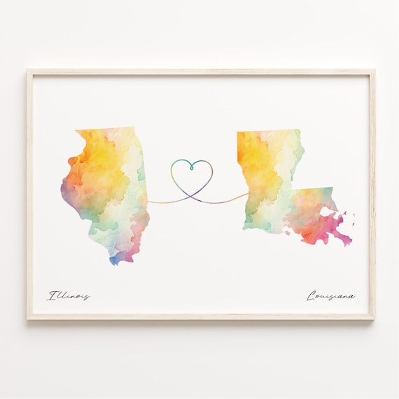 Illinois to Louisiana Watercolor Heart Map Long Distance Poster