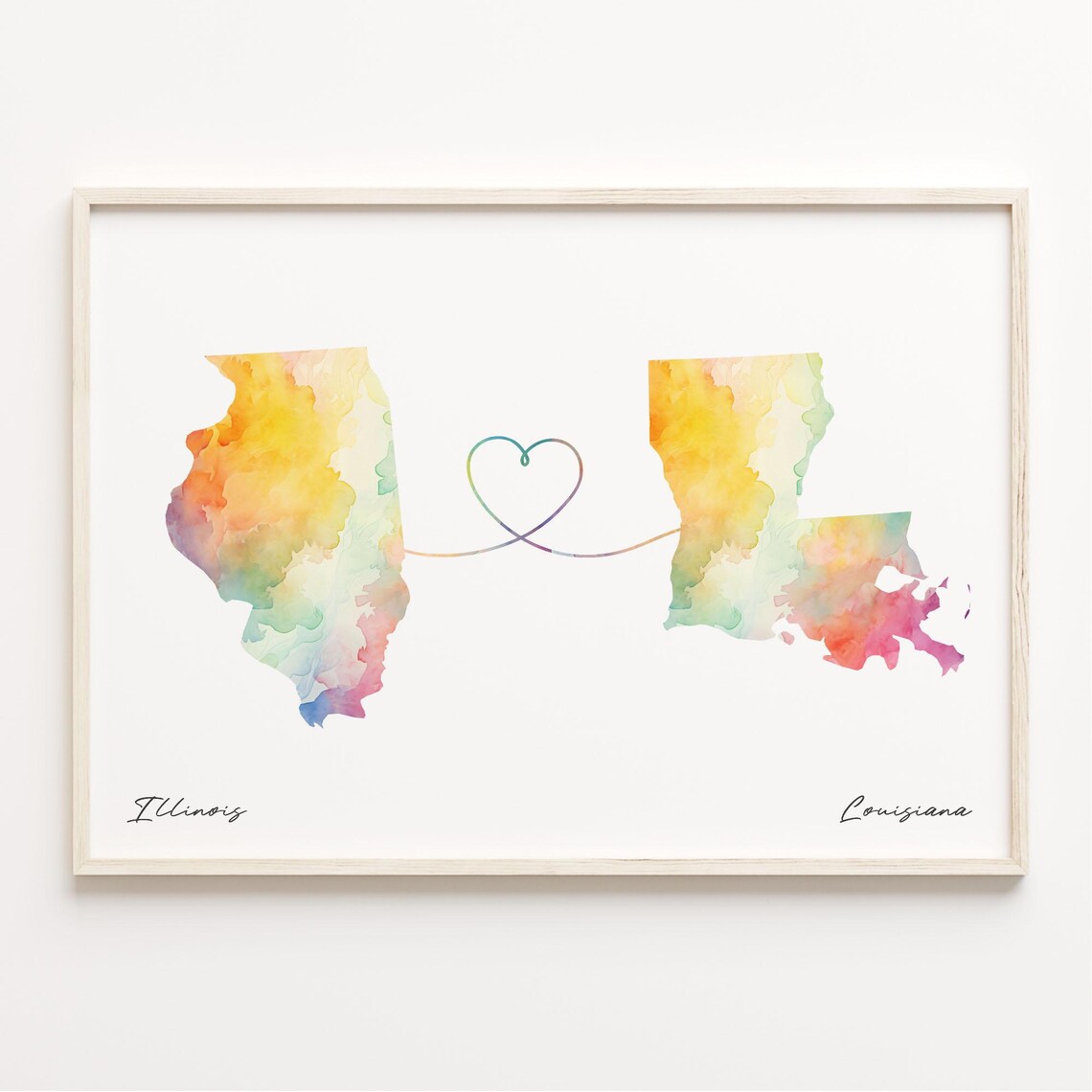 Illinois to Louisiana Watercolor Heart Map Long Distance Poster