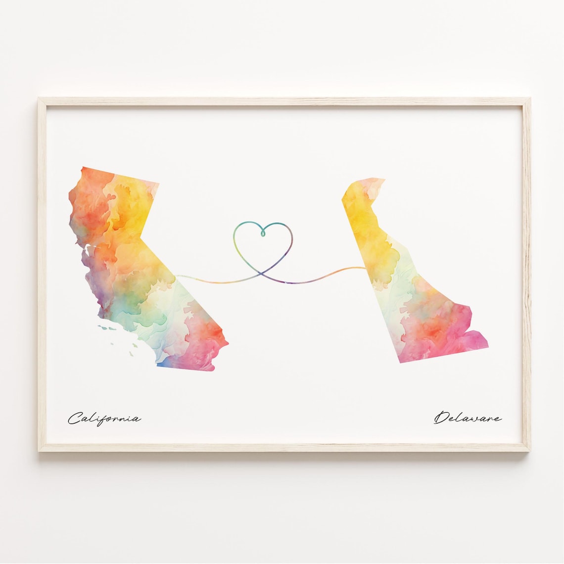 California to Delaware Watercolor Map Heart Long Distance Poster
