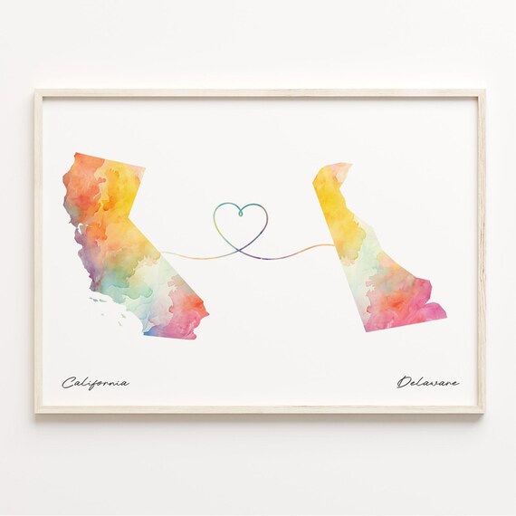California to Delaware Watercolor Map Heart Long Distance Poster