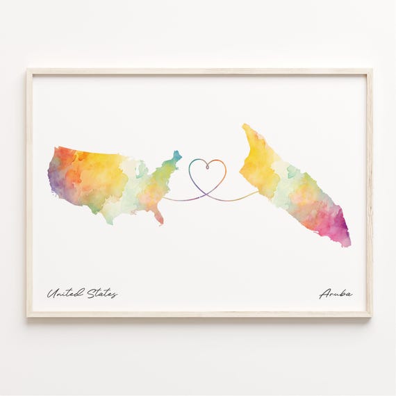 Us To Aruba Watercolor Map Poster, Travel Print