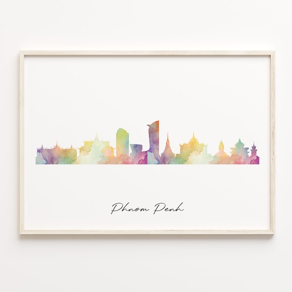 Phnom Penh Cambodia Rainbow Wash Watercolor Skyline Cityscape Poster