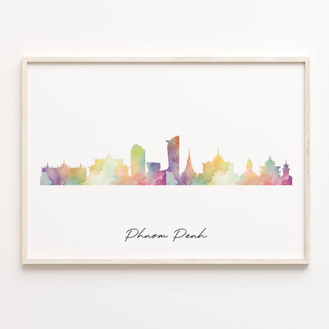 Phnom Penh Cambodia Rainbow Wash Watercolor Skyline Cityscape Poster