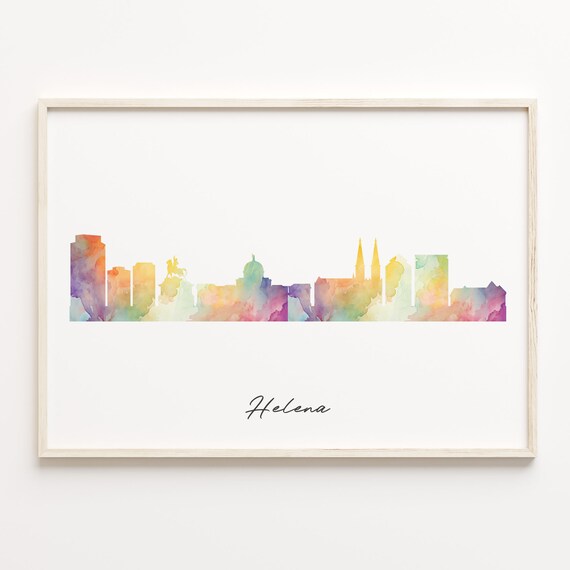 Helena Montana Watercolor Skyline Cityscape Script Travel Poster