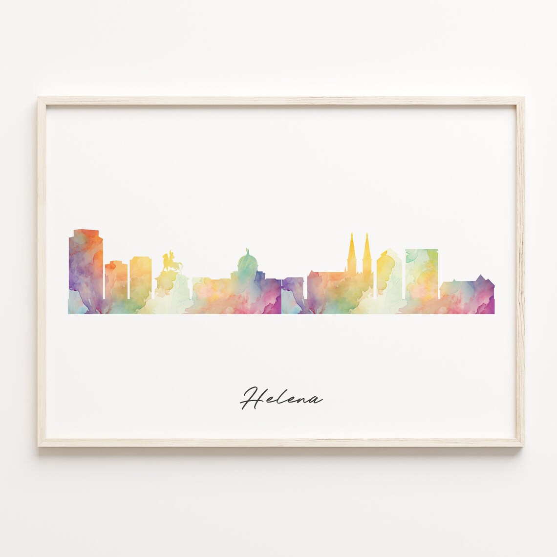 Helena Montana Watercolor Skyline Cityscape Script Travel Poster