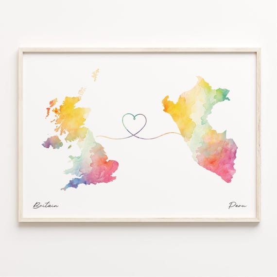 UK to Peru Watercolor Map Poster, Travel Art
