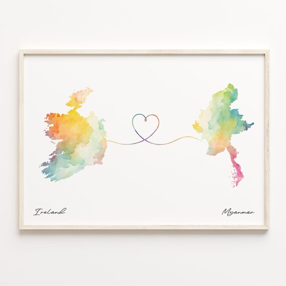 Ireland to Myanmar Heart Map Long Distance Love Keepsake Art Print