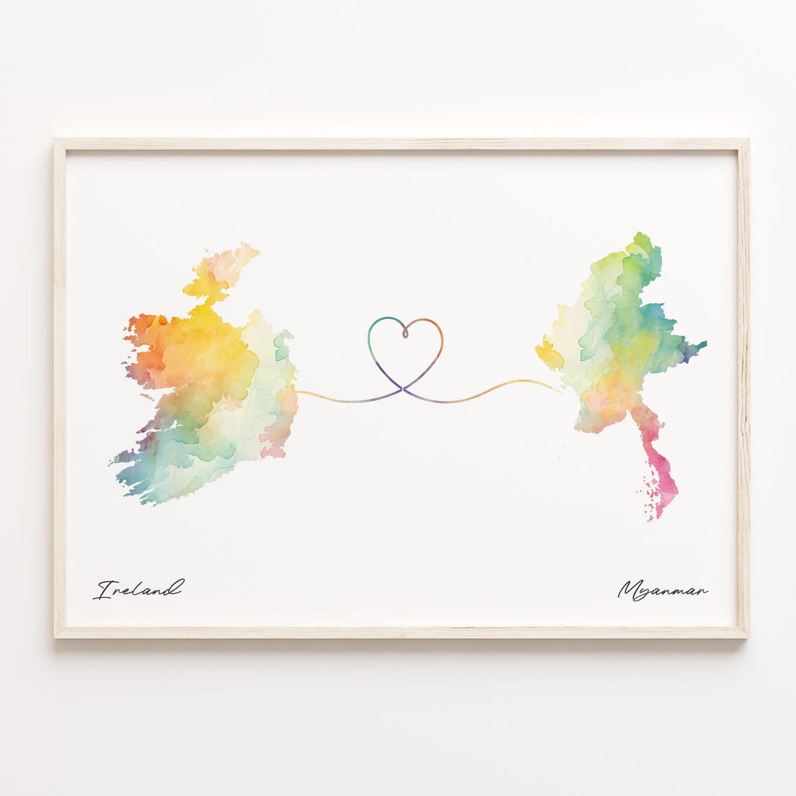 Ireland to Myanmar Heart Map Long Distance Love Keepsake Art Print