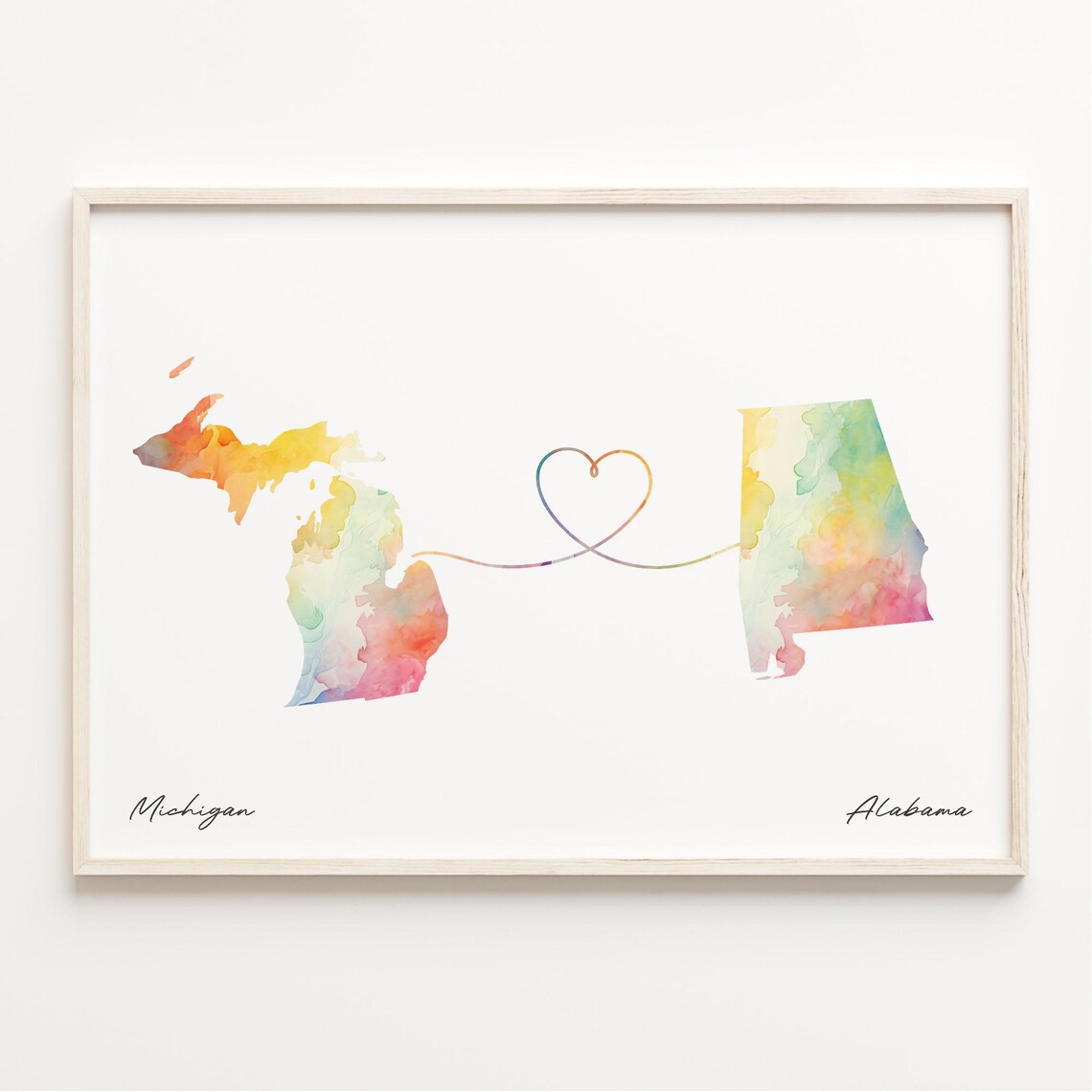 Michigan To Alabama Heart Map Watercolor Long Distance Travel Poster
