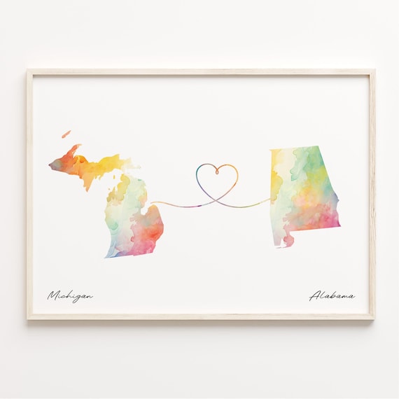 Michigan To Alabama Heart Map Watercolor Long Distance Travel Poster