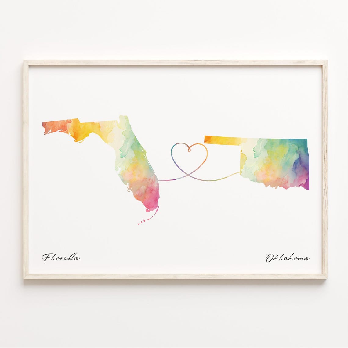 Florida and Oklahoma Watercolor Map Heart Long Distance Gift Print