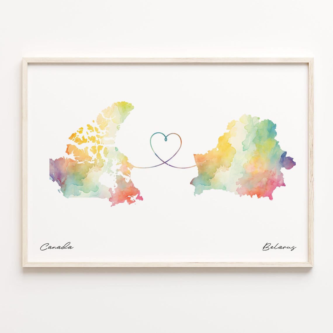 Canada To Belarus Watercolor Heart Map Long Distance Love Poster