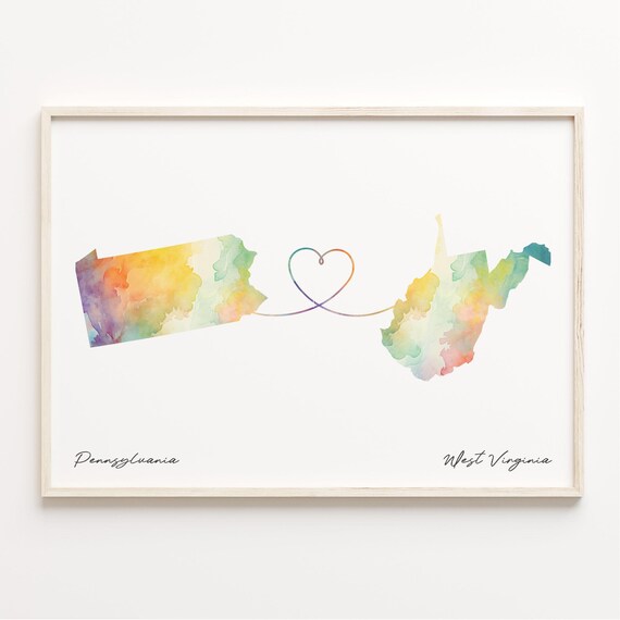 Pennsylvania to West Virginia Watercolor Heart Map Long Distance Print