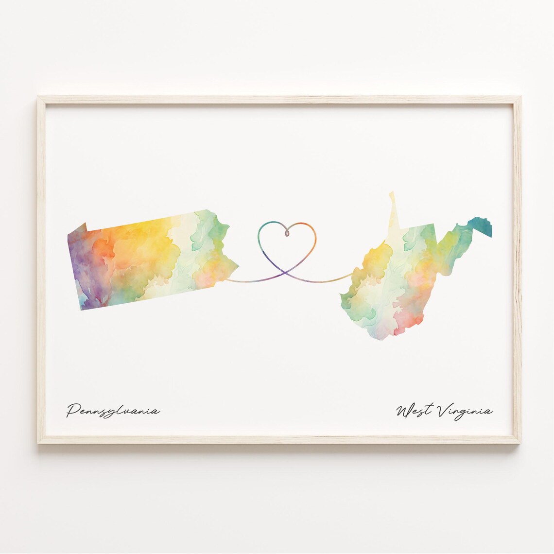 Pennsylvania to West Virginia Watercolor Heart Map Long Distance Print