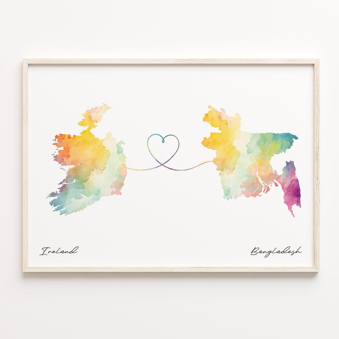 Ireland To Bangladesh Print Watercolor Map Poster Bangladeshi Gift Travel Wall Art Borderless Love C231009