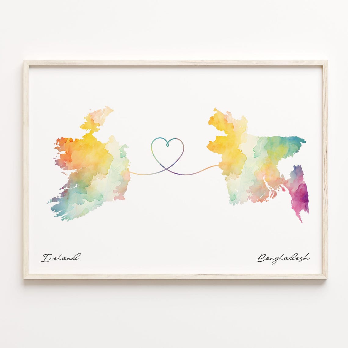 Ireland to Bangladesh Watercolor Map Heart Connection Travel Poster