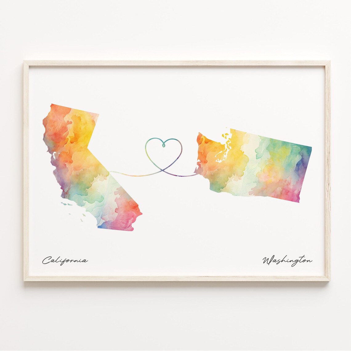 California To Washington Watercolor Map Heart Connection Poster