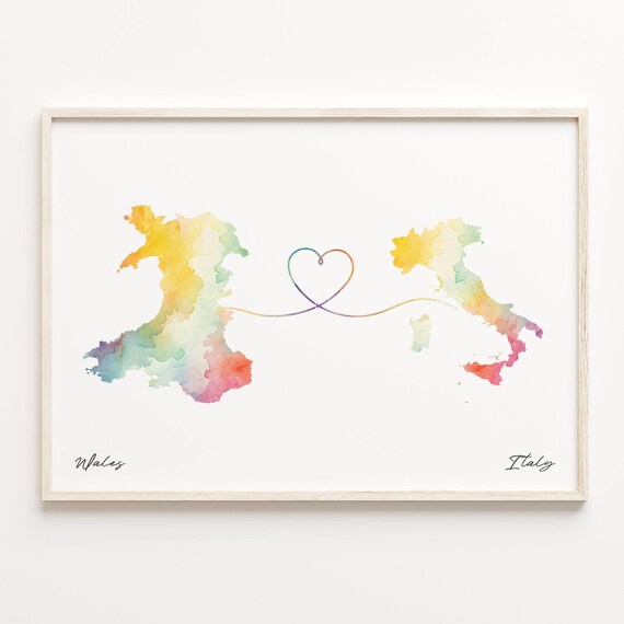 Wales To Italy Heart Map Watercolor Long Distance Travel Poster Gift