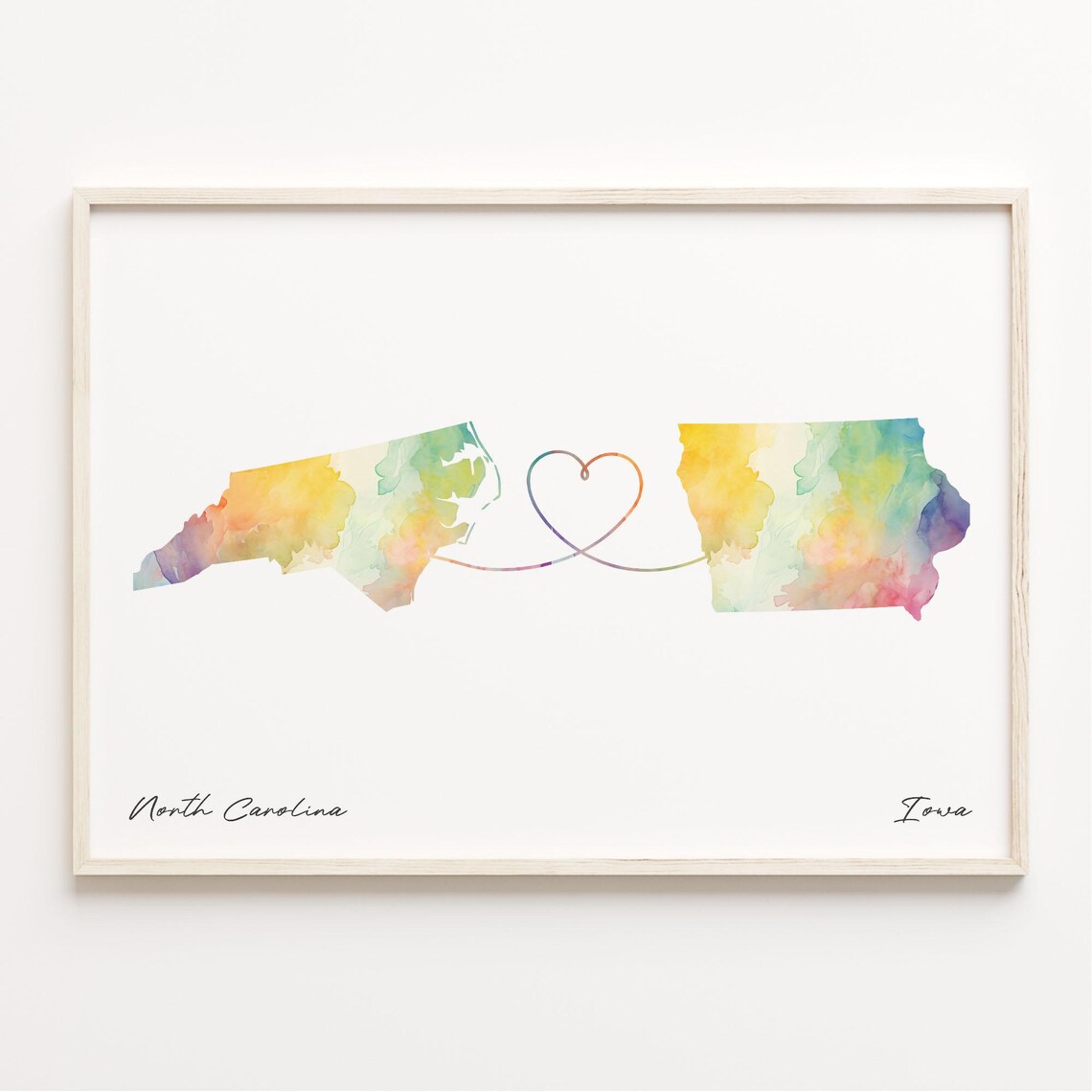 North Carolina to Iowa Watercolor State Map Heart Connection Farewell Print