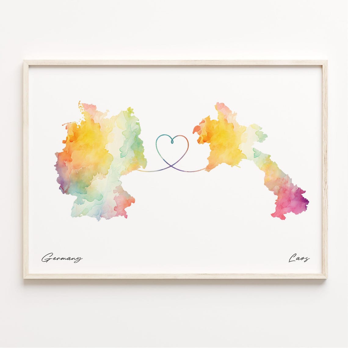 Germany To Laos Watercolor World Map Heart Connection Gift Poster