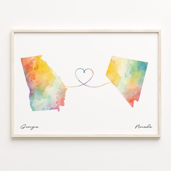 Georgia to Nevada Watercolor State Map Heart Connection Long Distance Print