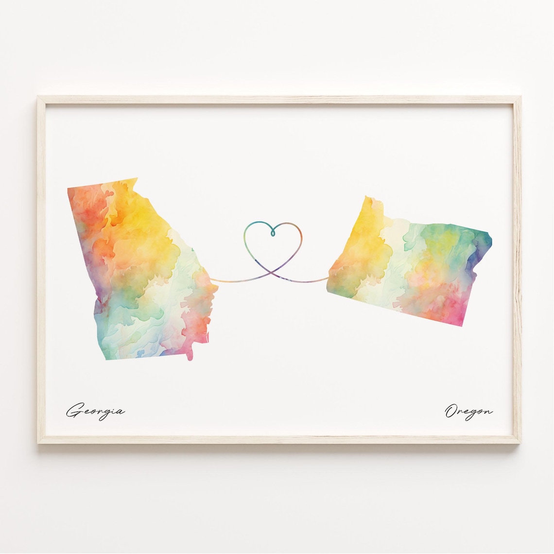 Georgia To Oregon Watercolor Map Wall Poster With Heart Connection Gift