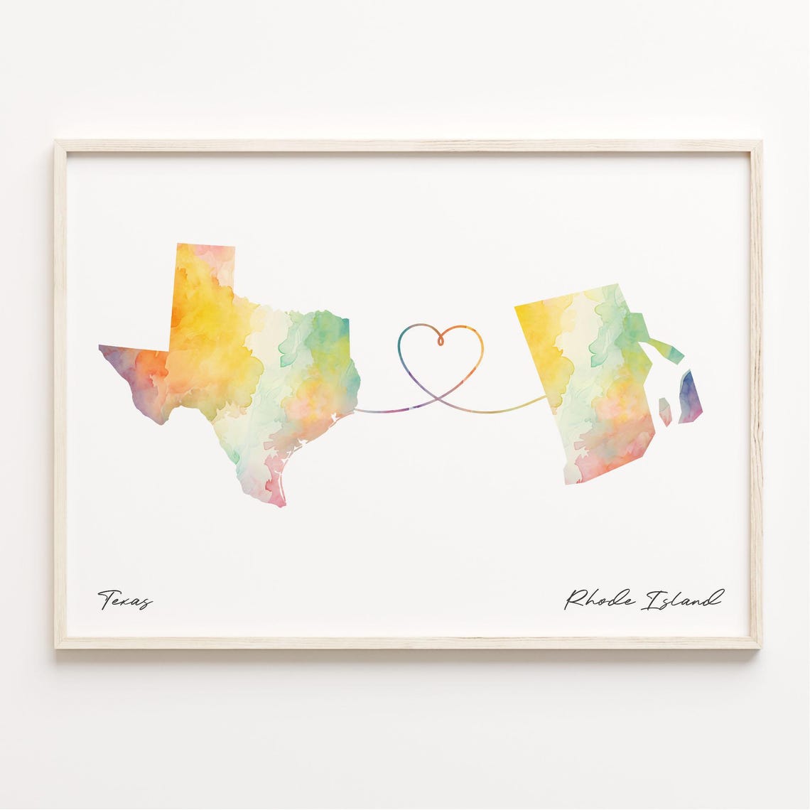 Texas to Rhode Island Watercolor Map Heart Long Distance Poster
