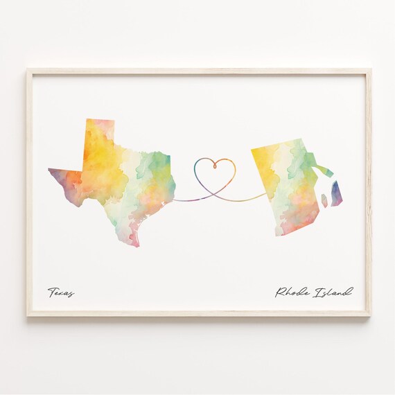 Texas to Rhode Island Watercolor Map Heart Long Distance Poster