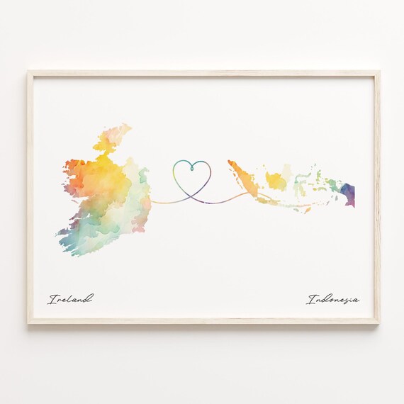 Ireland to Indonesia Watercolor Heart Map Long Distance Love Print
