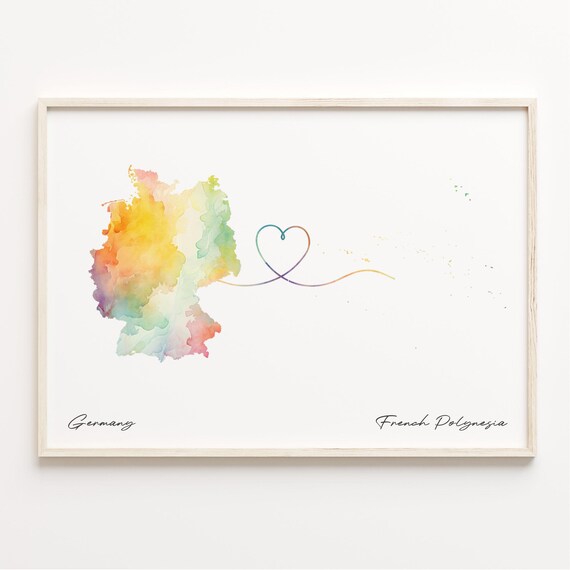 Germany To French Polynesia Watercolor Heart Map Connection Poster