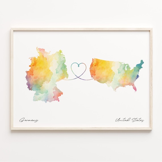 Germany To United States Watercolor Heart Map Connection Poster