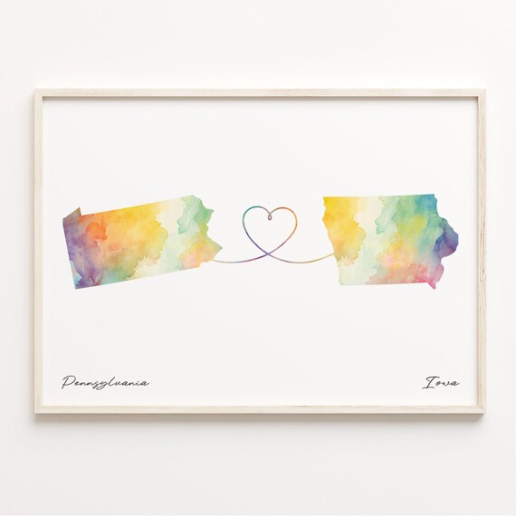 Pennsylvania and Iowa Watercolor Map Heart Connection Poster