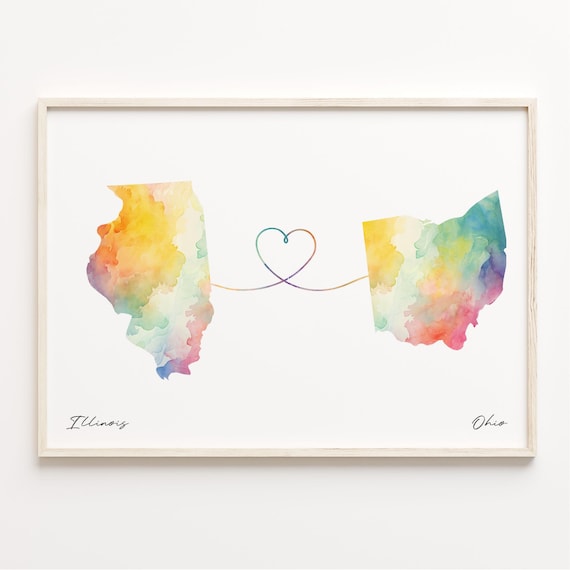 Illinois To Ohio Long Distance Love Watercolor Heart Map Poster