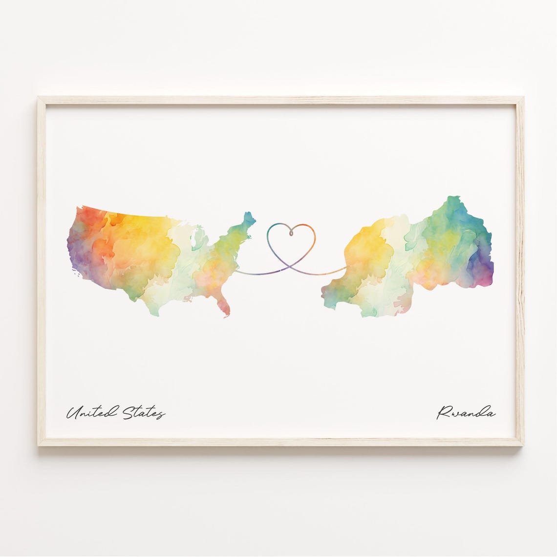 United States to Rwanda Watercolor Map Heart Connection Poster