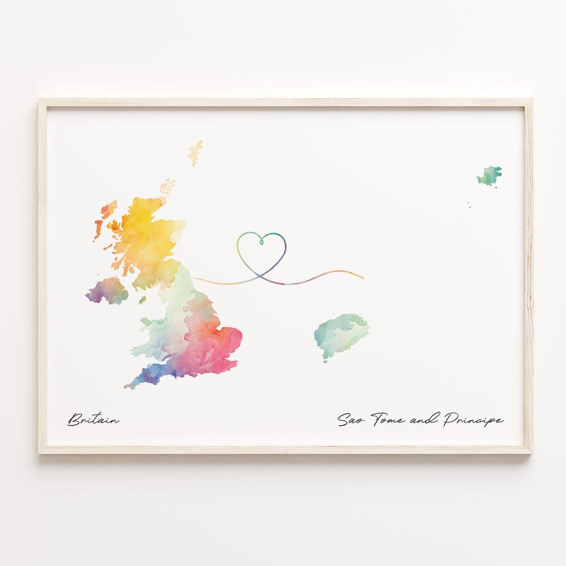 Britain to Sao Tome and Principe Watercolor Heart Map Poster