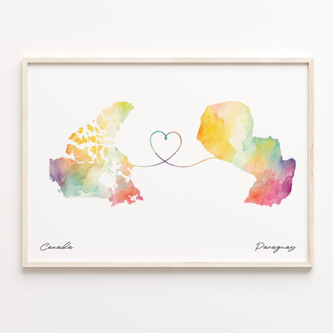 Canada to Paraguay Watercolor Map Heart Long Distance Love Poster