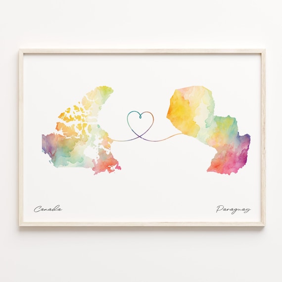 Canada to Paraguay Watercolor Map Heart Long Distance Love Poster