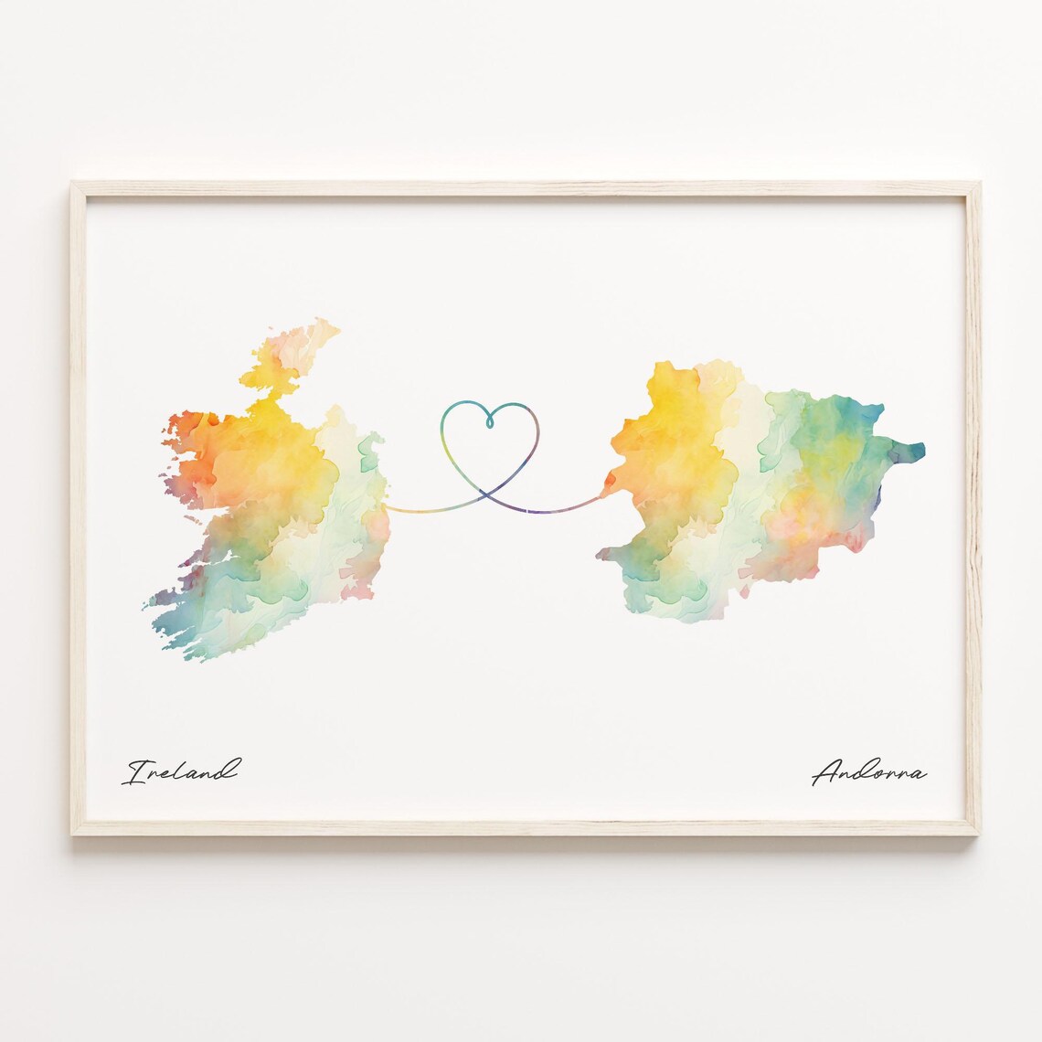 Ireland and Andorra Watercolor Heart Map Connection Gift Poster