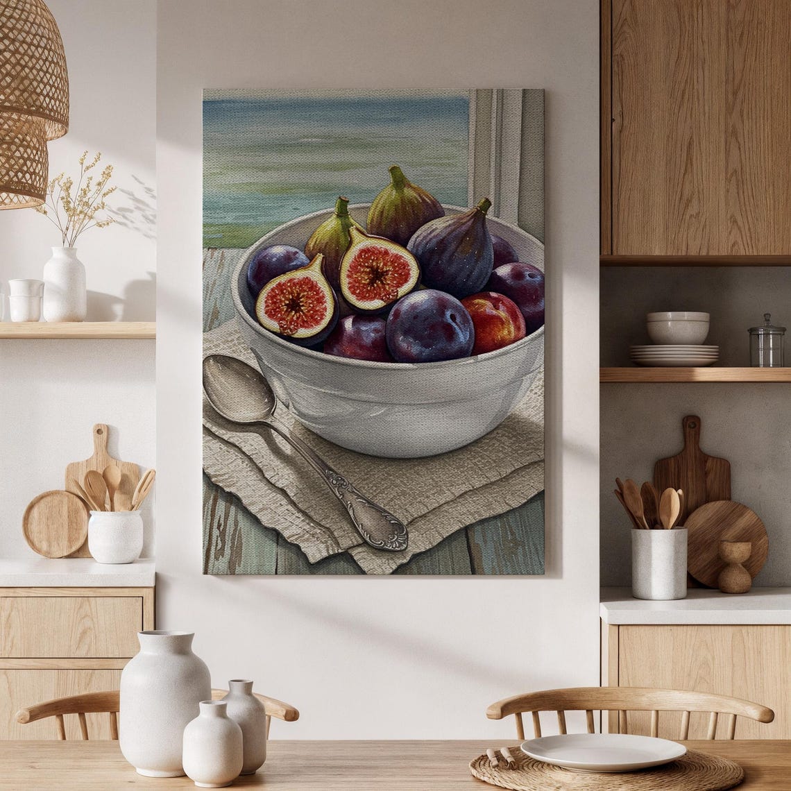 Figs And Plums In White Bowl Rustic Kitchen Still Life Print