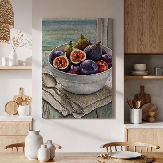 Figs And Plums In White Bowl Rustic Kitchen Still Life Print