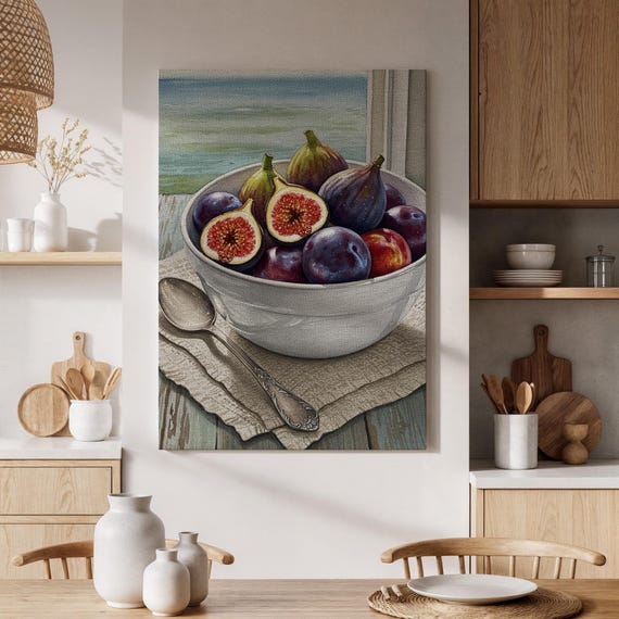 Framed Fig And Plum Still Life Canvas Wall Art Vintage Fruit Bowl Print Rustic Kitchen Decor For Living Room Dining Or