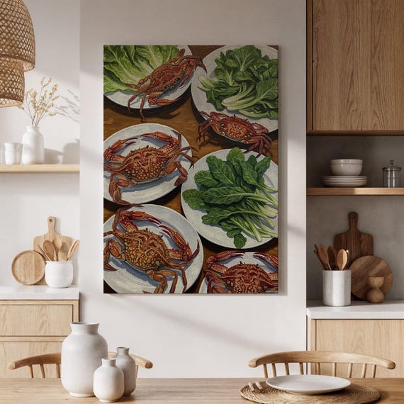 Crab And Greens Canvas Wall Art Framed Seafood Painting Realistic Platter With Lettuce Food For Kitchen Or Dining Room