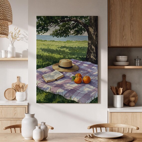 Seaside Picnic Blanket Straw Hat Book Oranges Summer Coastal Poster