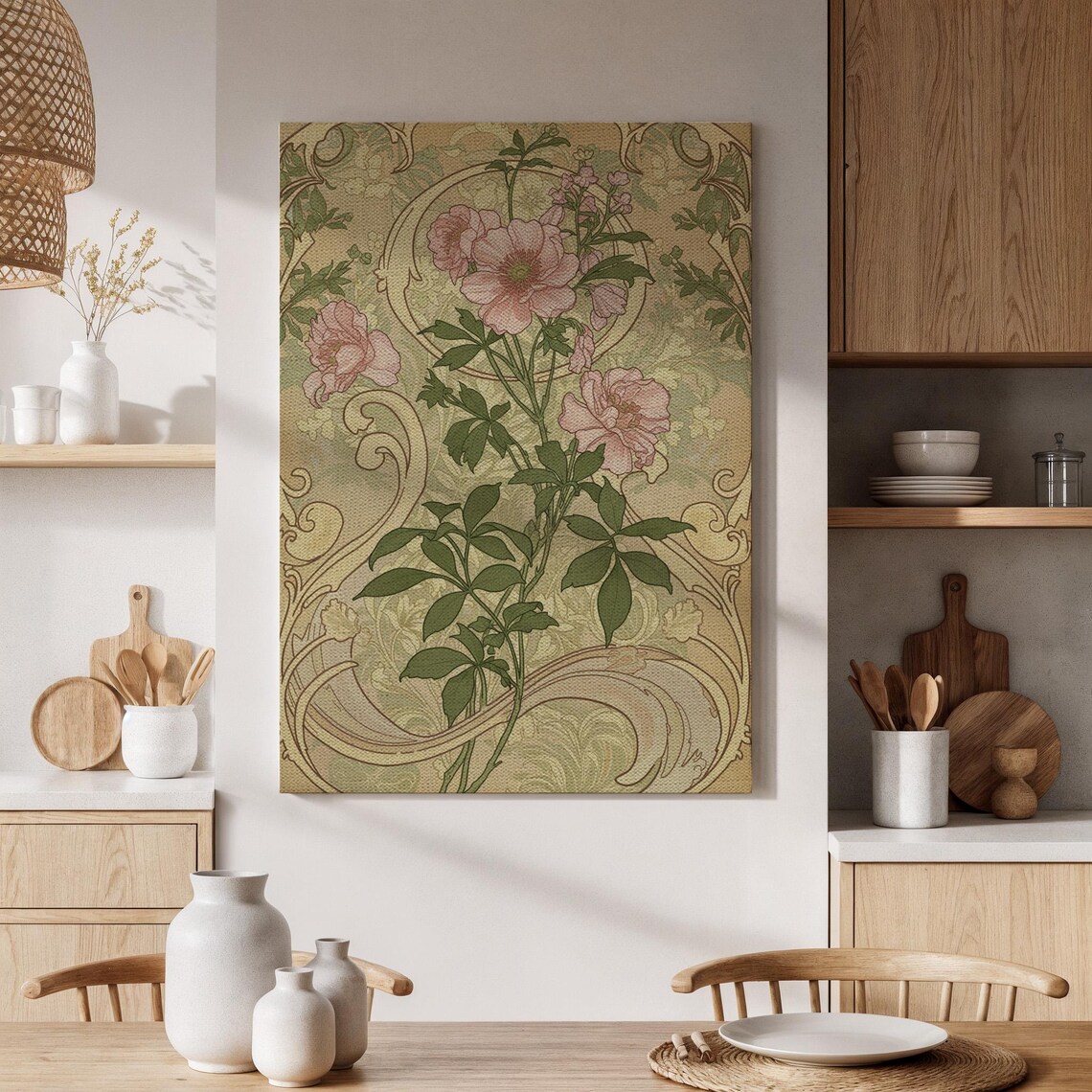 Art Nouveau Pink Flowers Sage Swirls Vintage Botanical Poster